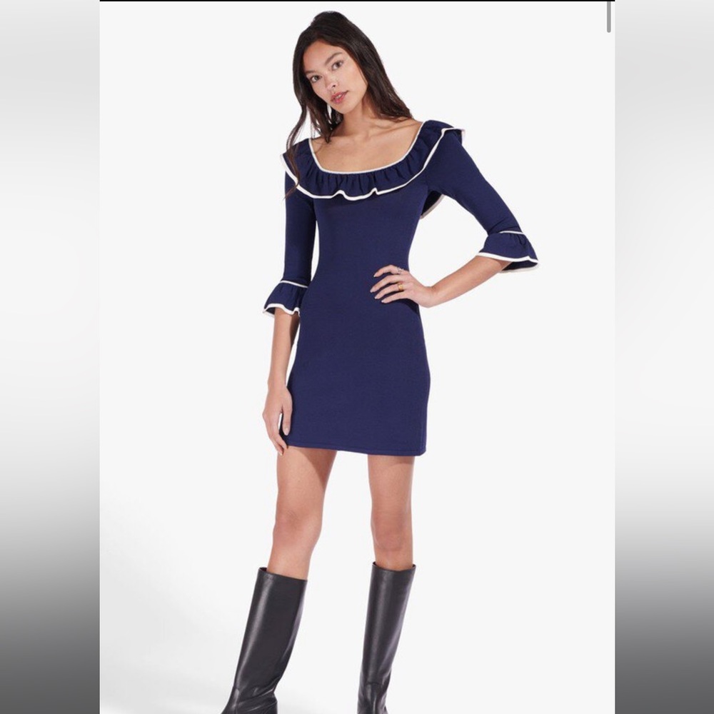 STAUD Navy Blue Ruffle Off-Shoulder Mini Dress with Cream Trim